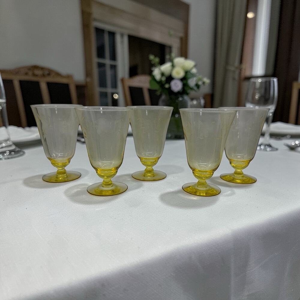 5 Vtg Yellow Depression Glass Footed Parfait Sundae Etched Franciscan Barware